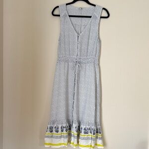 Lucky Brand Women's Navy Polka Dot Yellow Trim Sleeveless Midi Dress Size M